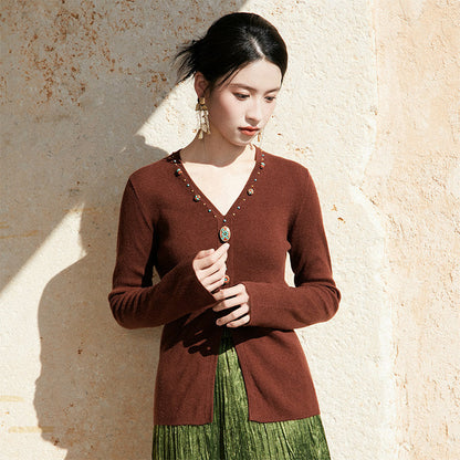 New Chinese Style V-Neck Knitted Cashmere Blend Sweater - Zhuozhuo 灼灼