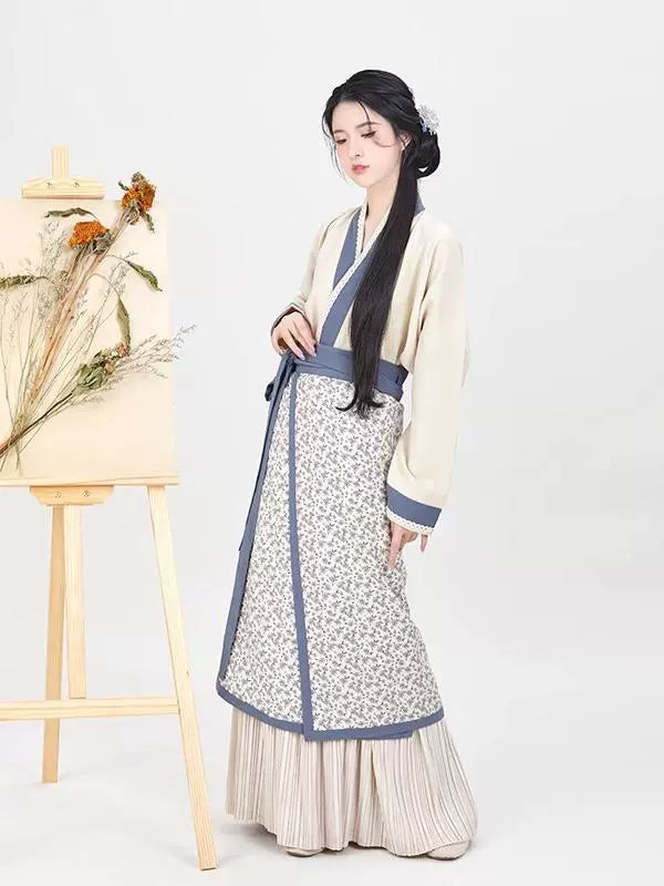 Song Dynasty Modern Hanfu Set with Winged Sleeve Top and Spiral Skirt - Begonia 海棠 (Preorder)