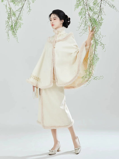 Song Dynasty Modern Hanfu Set with Embroidered Cape and Spiral Skirt - Nanzhi 南枝 (Preorder)