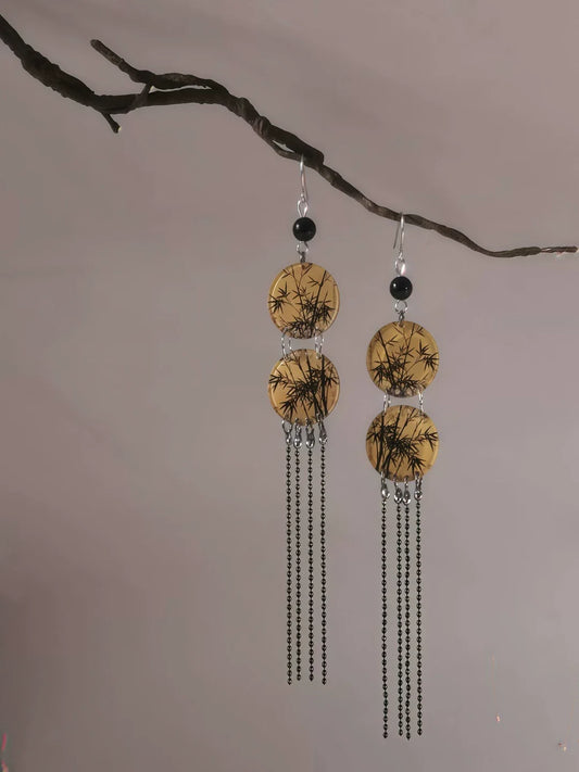 Bamboo Leaves round tassel earrings - traditional Chinese hanfu jewelry — side profile