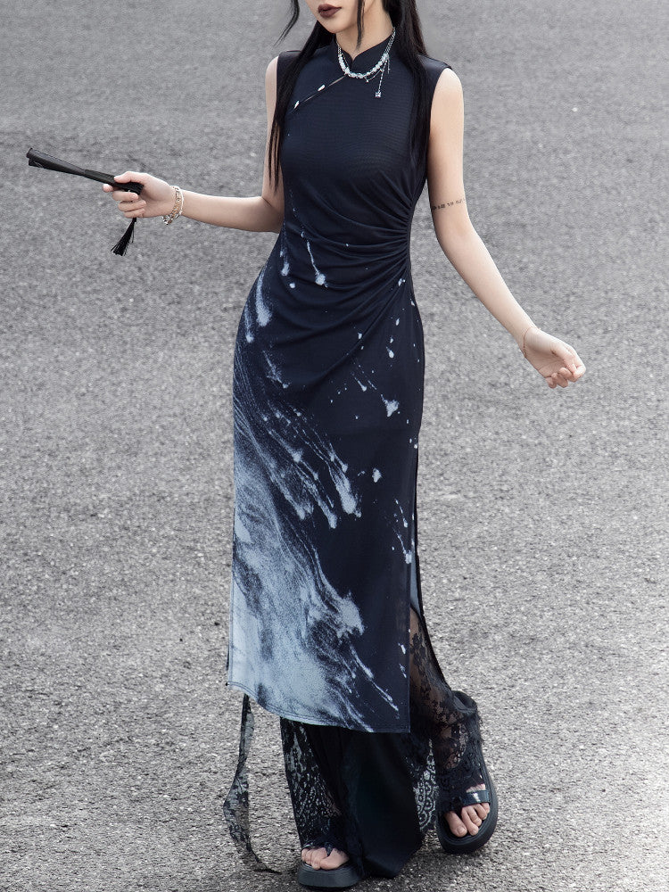 New Chinese Style Meteor Knitted Cheongsam Sleeveless Dress - Night Galaxy 暗夜星河 (Preorder)