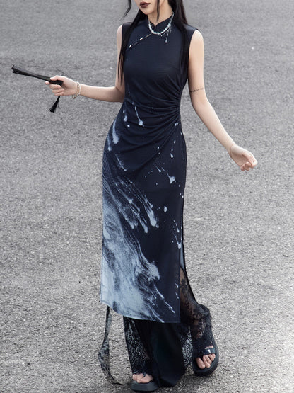 New Chinese Style Meteor Knitted Cheongsam Sleeveless Dress - Night Galaxy 暗夜星河 (Preorder)