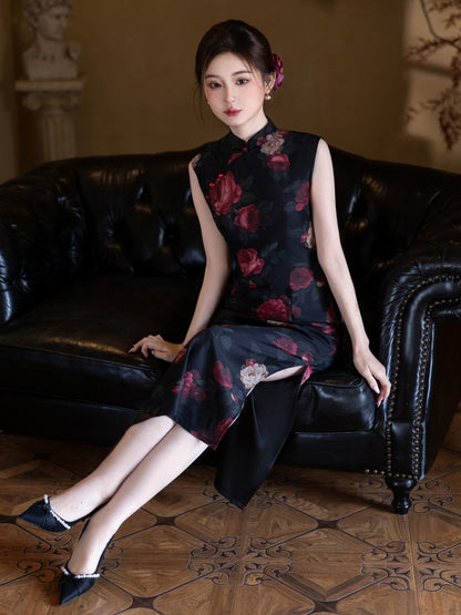 Sleeveless Floral Midi Cheongsam | Night Rose
