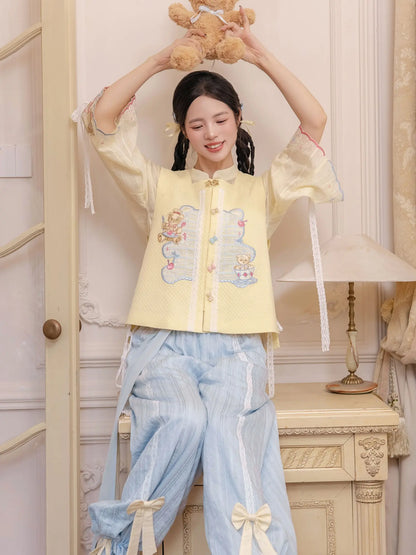 New Chinese Style Long Sleeve Top and Vest with Skirt or Wide Leg Pants - Butter 黄油可露丽