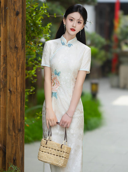 Short Sleeve Floral Long Cheongsam | Peony