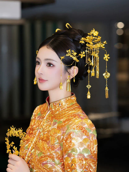 Sparkle - Chinese Bridal Hair Accessories Vintage Gold Tassel Flower Hairpins for Xiuhe and Dragon Phoenix Wedding Dress