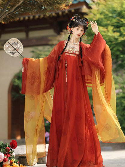 Hua Shen | Tang Dynasty Qixiong Hanfu Dress with Famen Temple Style Cardigan
