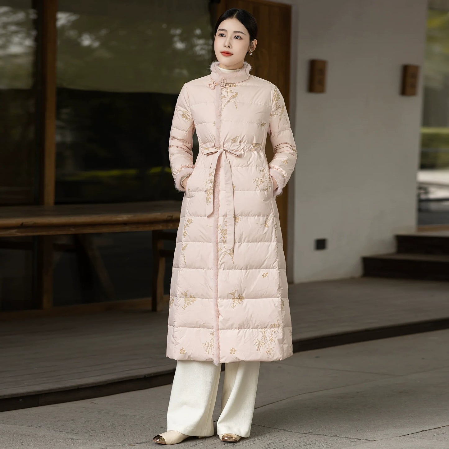 Bamboo Poem 竹影禅 - New Chinese Zen-Inspired Down Coat for Women Qipao Hanfu Style Winter Outerwear