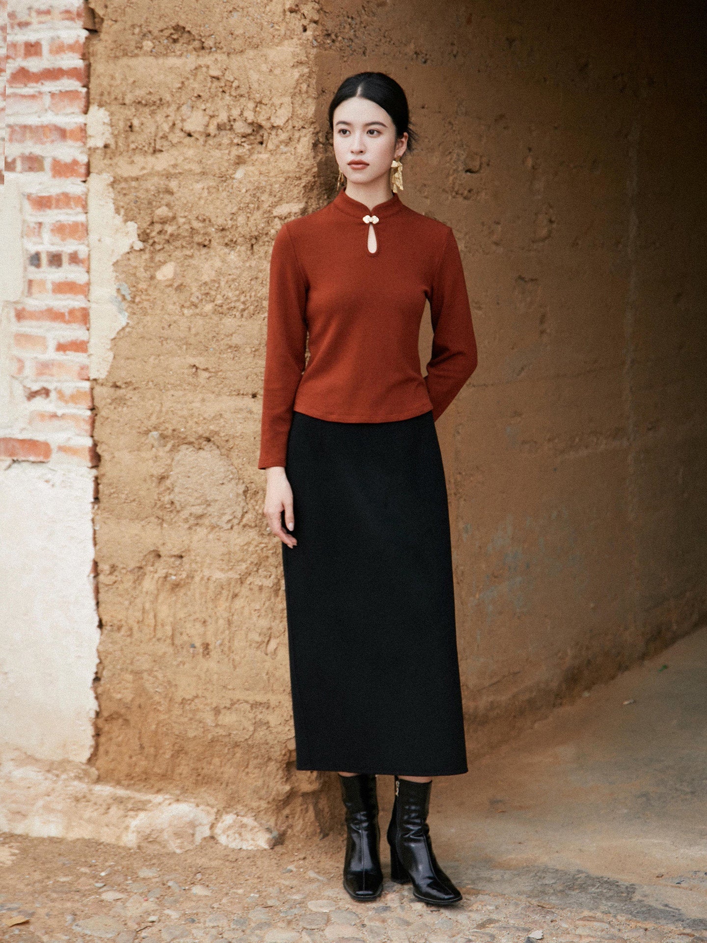 New Chinese Style Knitted Top in Brown - Wind Bamboo
