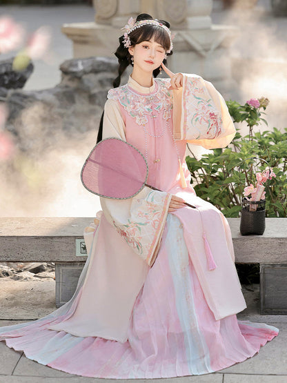 Ming Dynasty Bijia Vest & Printed Pleated Skirt | Moon and Evening Flowers 月夕花晨