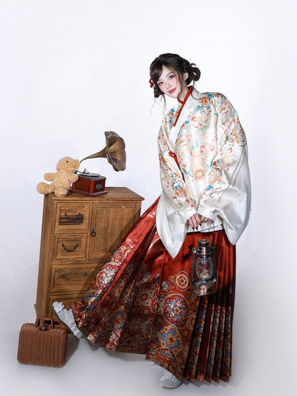 Ming Dynasty White Pipa Sleeve Top & Red Woven Horse Face Skirt | As Wished 如愿