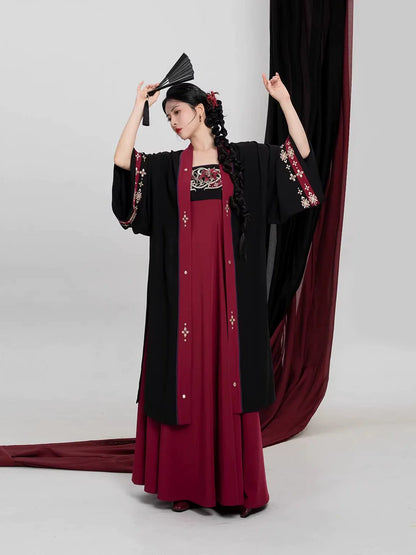 Tang Dynasty Modern Hanfu Set Changgan Temple Beizi and Slip Dress - Crimson Scarlet 绛百合 (Preorder)