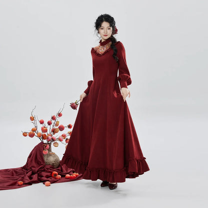 New Chinese Style Long Sleeve Dress Hanfu Inspired for New Year Festivals - Winter Persimmon 冬柿 (Preorder)