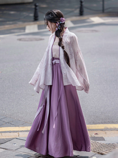 Song Dynasty Modern Hanfu Cardigan and Pocketed Skirt - Ice Wisteria 紫藤冰沙 (Preorder)