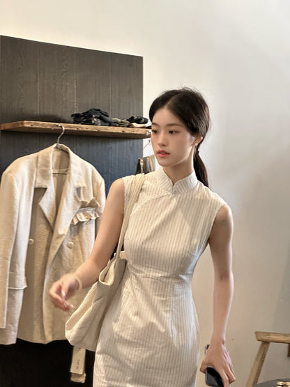 Sleeveless Stripe Long Cheongsam | Chizao