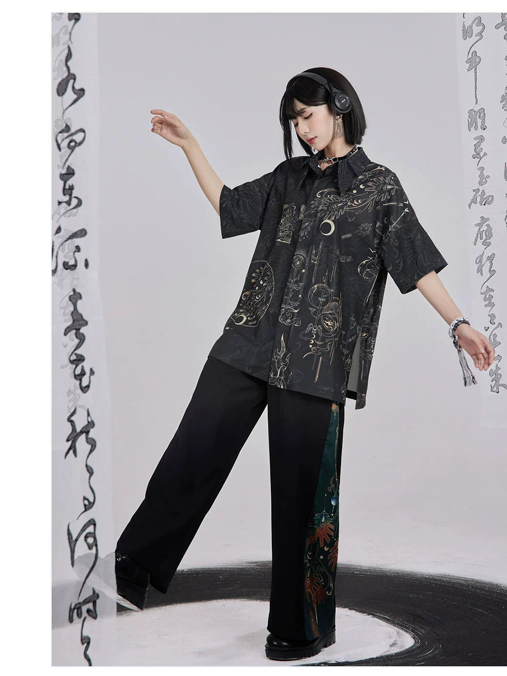 Bronze 青铜 - New Chinese Style Printed Shirt Wide Leg Pants Outfit