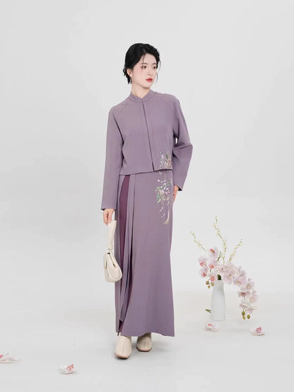 Ming Dynasty Modern Hanfu Long Sleeve Top with Spiral Skirt and Cloud Collar - Falling Wisteria 花落紫藤