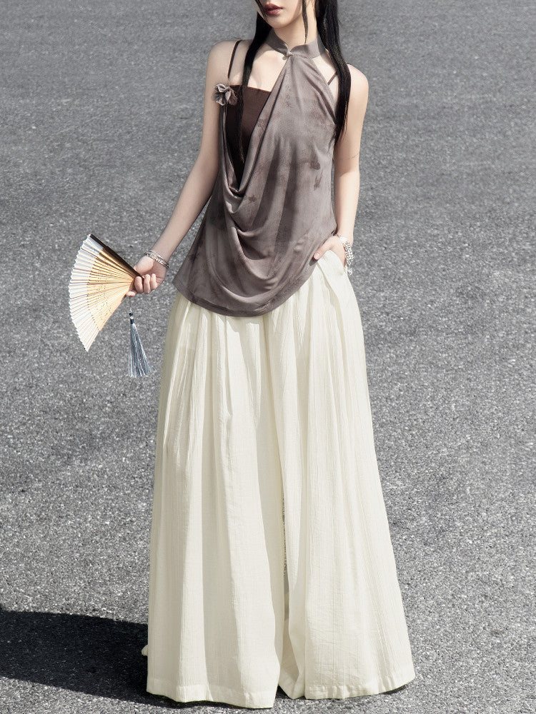 New Chinese Style Camisole and Cheongsam Halter Neck Top - Qianka 浅咖 (Preorder)