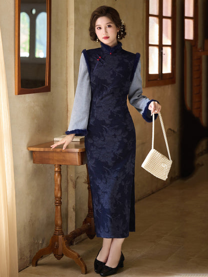 Long Sleeve Fur Trim Floral Qipao | Slow Days