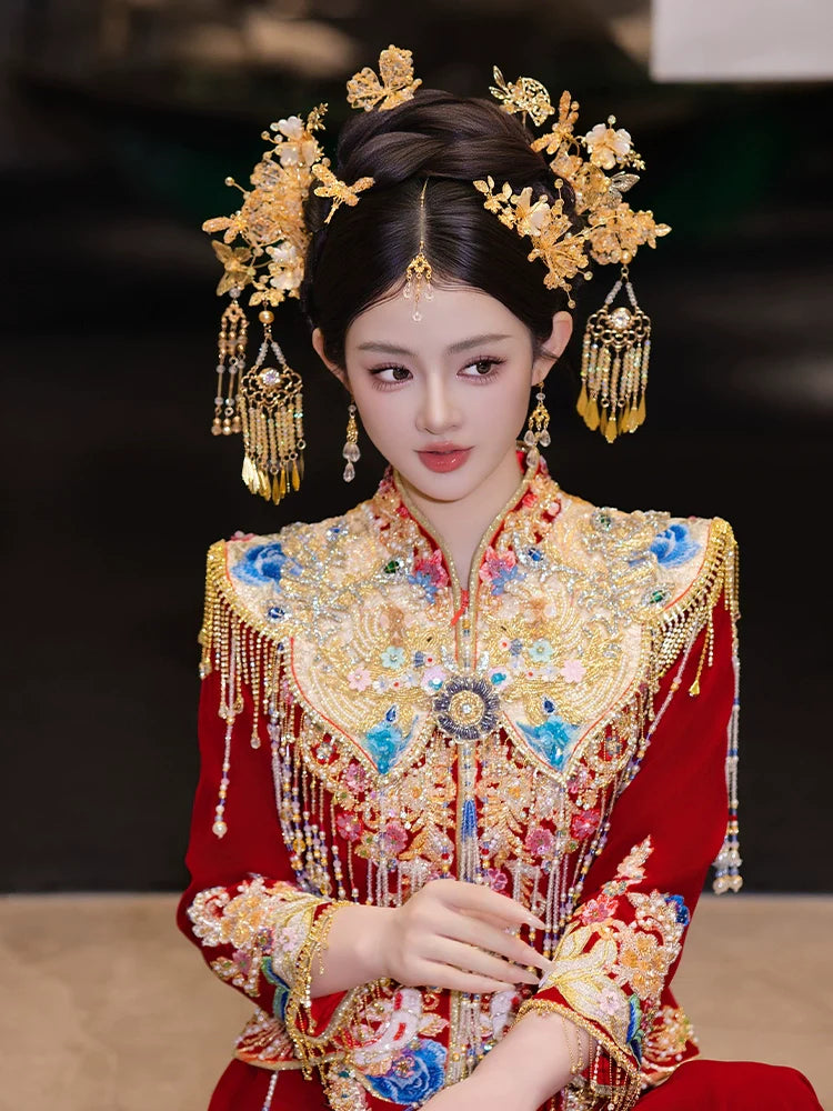 Champagne - Bridal Hair Accessories Elegant Chinese Wedding Headpiece with Tassels and Forehead Pendant for Xiuhe and Hanfu