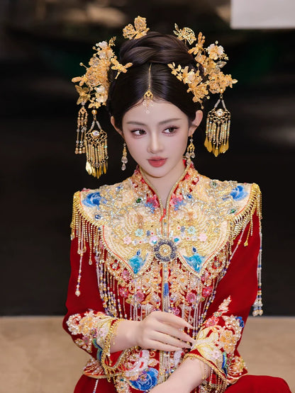 Champagne - Bridal Hair Accessories Elegant Chinese Wedding Headpiece with Tassels and Forehead Pendant for Xiuhe and Hanfu