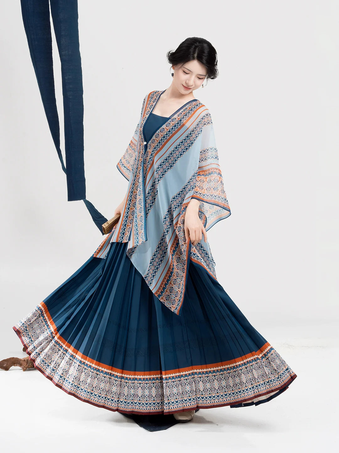 New Chinese Style Women Dong Ethnic Bird-Motif Light Blue Shawl & Pleated Slip Dress - To The Clouds 赴云端 (Preorder)
