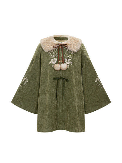 New Chinese Style Mid Length Jacket with Faux Fox Fur Collar - Matsuba Tea 松间茶 (Preorder)