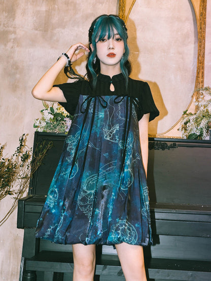 New Chinese Style Flower Bud Short Sleeve Dress - Floating Electric Jellyfish 蓝界浮荧