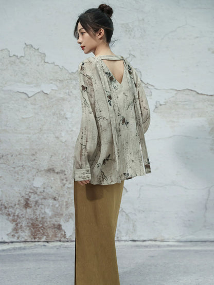 New Chinese Style Vintage Ink Butterfly Shadow V-Neck Shirt