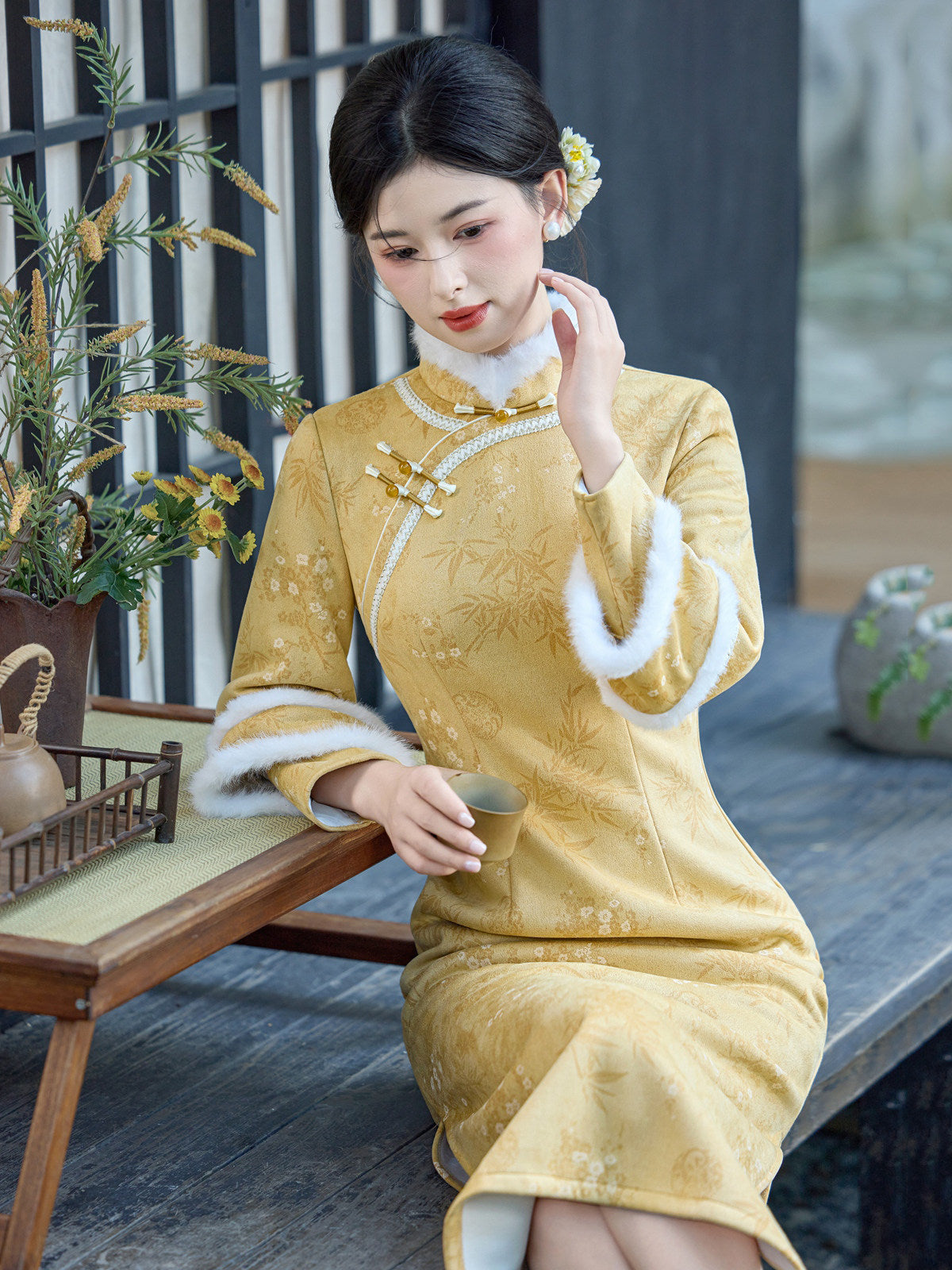 Long Sleeve Fur Trim Antique Gold Floral Qipao | Regal