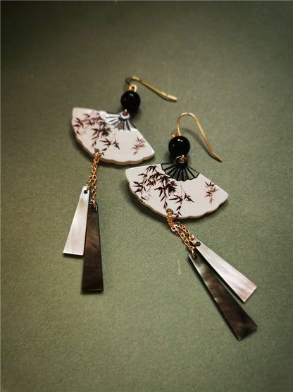 Ink Leaves Fan Shaped Earrings | Cheongsam Jewelry