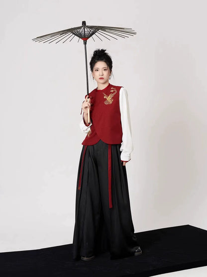 New Chinese Style Women Gold Thread Embroidered Vest, Top & Wide Leg Pants - Firefinch 火雀 (Preorder)