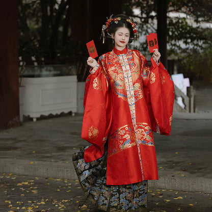 Ming Dynasty Bridal Hanfu Set with Robe & Mamian Skirt | Fengxia 凤霞