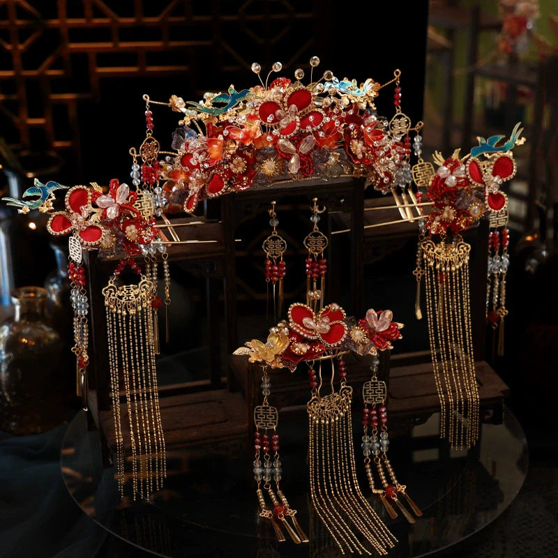 Twilight Azure - Red and Blue Phoenix Crown Bridal Headpiece Handmade Tassel Chinese Wedding Hair Accessories for Hanfu Bride