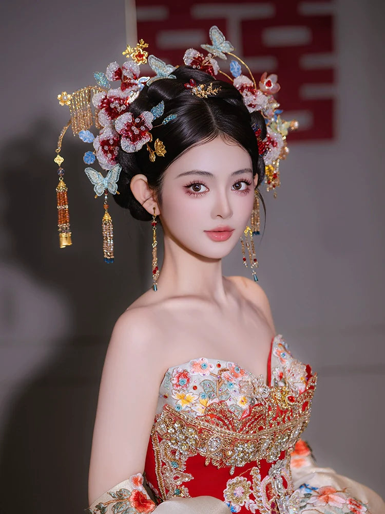 Spark of the Golden Orchid - Gradient Floral Bridal Hair Accessories Light Butterfly Headpiece for Chinese Wedding