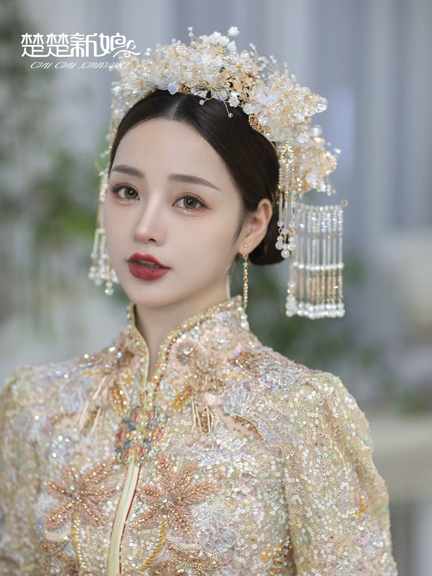 Snow Queen Aura - Hanfu Crystal Bridal Crown with Glass Flowers & Phoenix Design for Wedding Headpiece