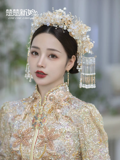 Snow Queen Aura - Hanfu Crystal Bridal Crown with Glass Flowers & Phoenix Design for Wedding Headpiece