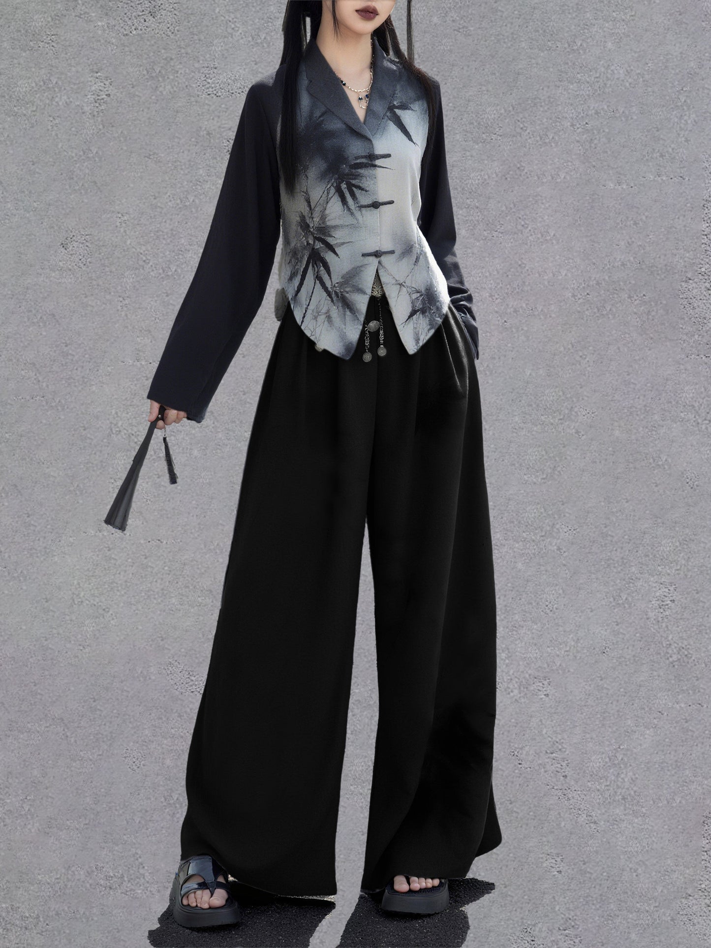 New Chinese Style Shadow Bamboo Ink Long Sleeve Top (Preorder)