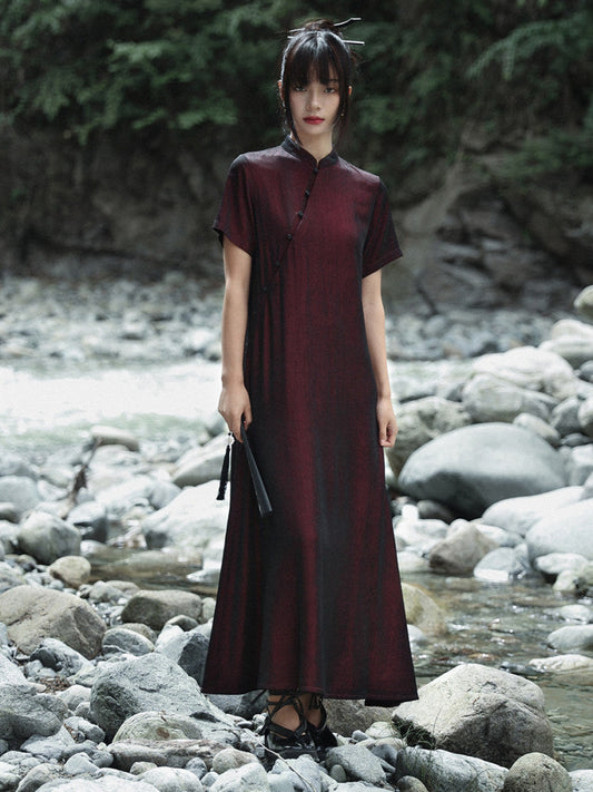 New Chinese Style Burgundy Cheongsam Dress - Chilan 赤阑