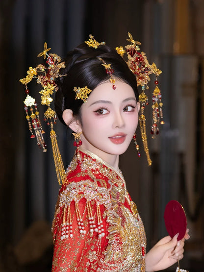 Eternal Veil - Golden Phoenix Bridal Hairpin with Forehead Pendant Chinese Wedding Headpiece