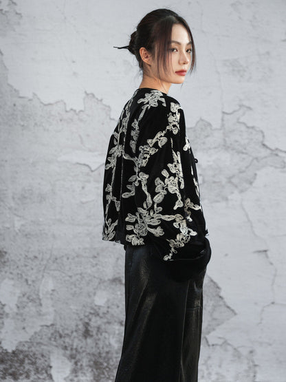 New Chinese Style Contrast Embroidered Velvet Short Jacket