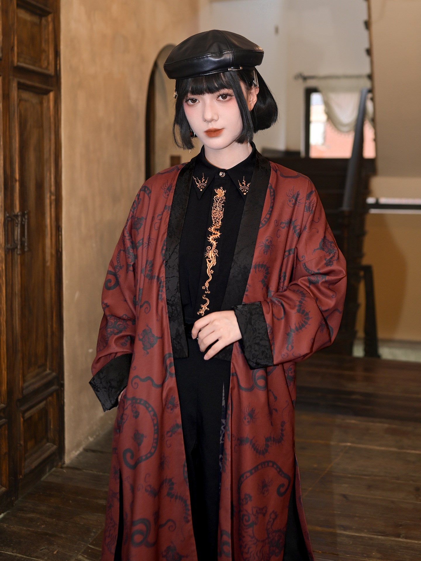 New Chinese Style Black and Red Print Antique Long Coat - Five Poisons 五毒