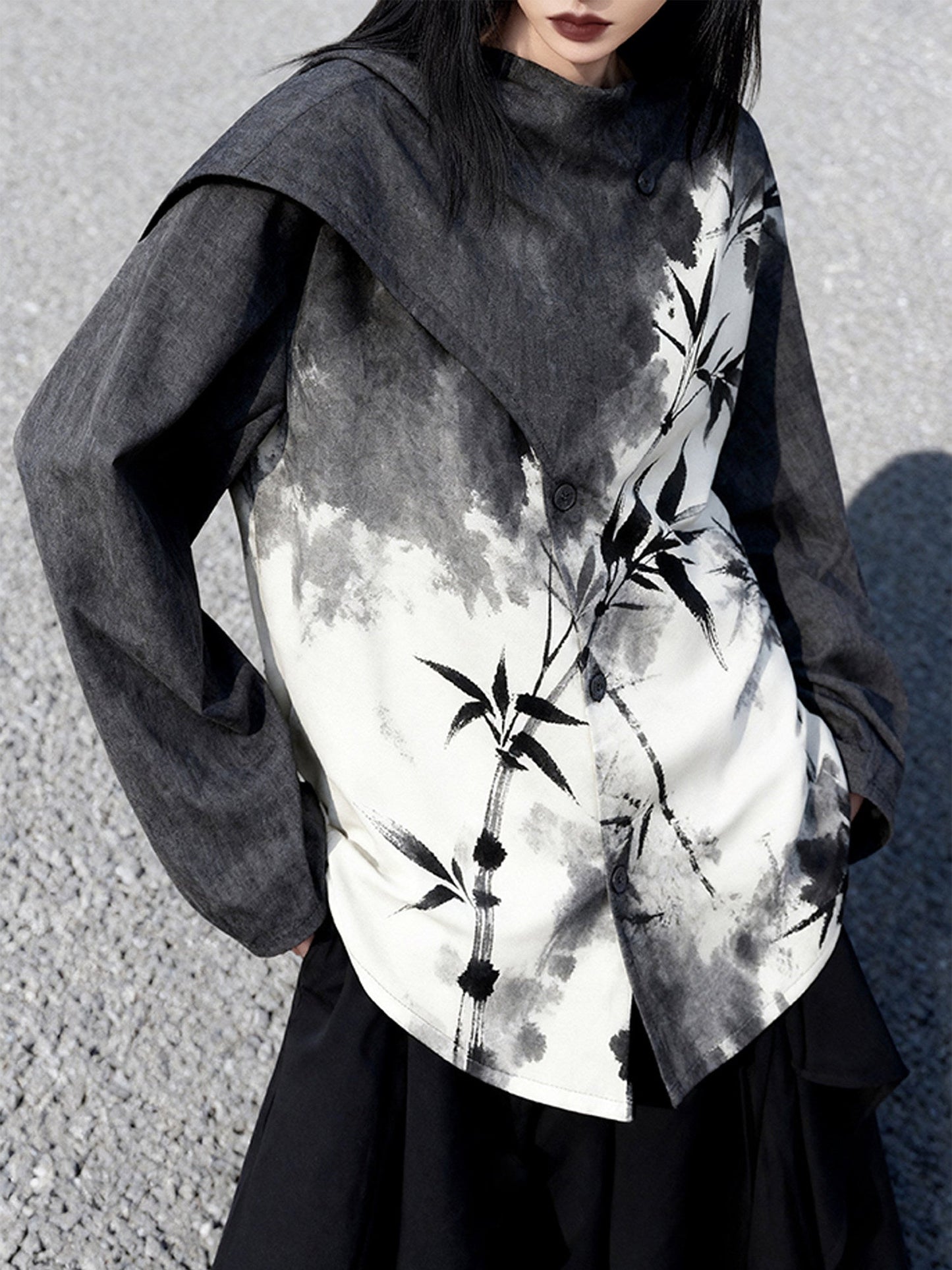 New Chinese Style Black and White Bamboo Prints Long Sleeve Top - Zhuye 竹叶