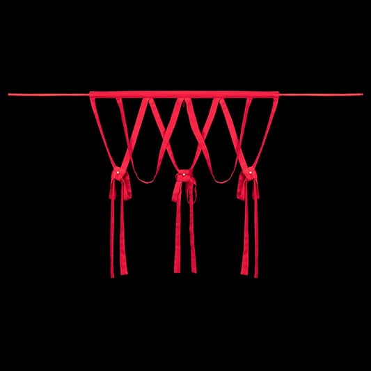 Crimson handmade ribbon tassel waist sash — detail view