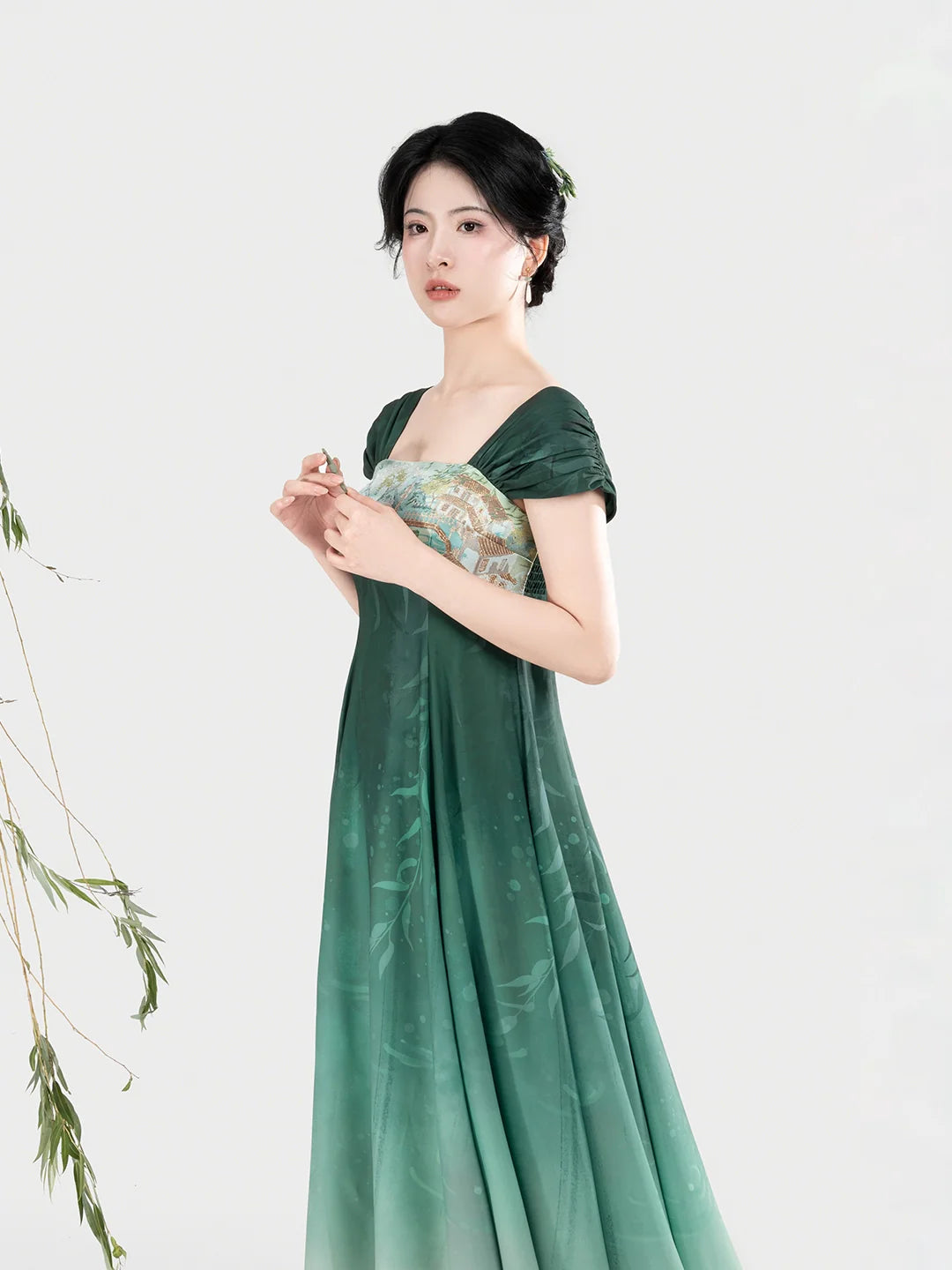 New Chinese Style Women Jiangnan Lake-Inspired Gradient Maxi Dress - Chijiao 柳池娇 (Preorder)