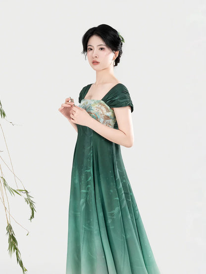New Chinese Style Women Jiangnan Lake-Inspired Gradient Maxi Dress - Chijiao 柳池娇 (Preorder)