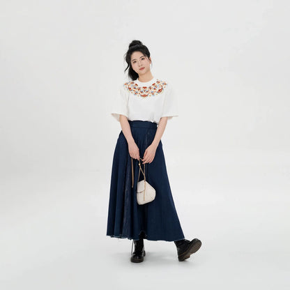 New Chinese Style Dunhuang Inspired Embroidered Cotton T-Shirt and Skirt Set - Huarongrong 花蓉蓉 (Preorder)