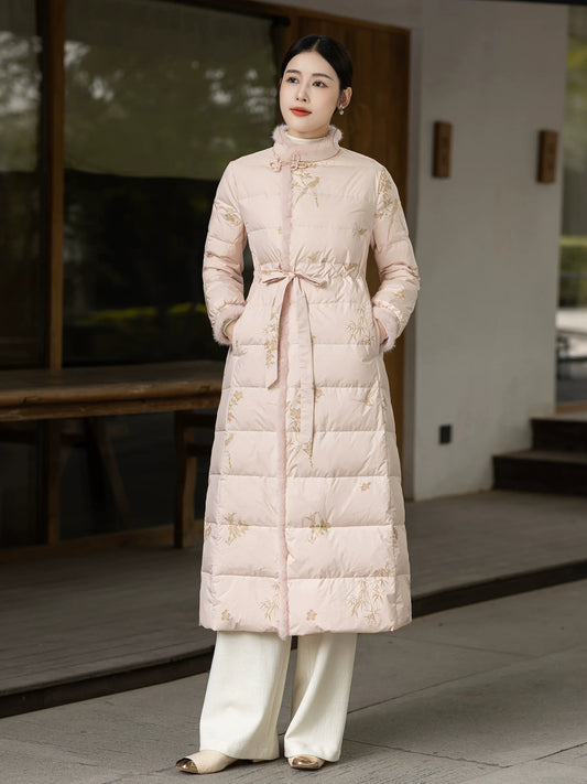 Bamboo Poem - new Chinese Zen-inspired down coat, qipao hanfu style winter outerwear — side profile