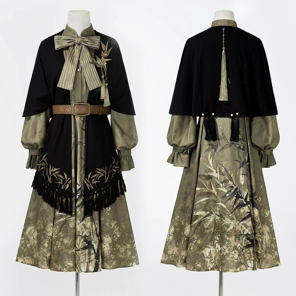 Glitter Bamboo 鎏金竹影 - New Chinese Style Printed Long-Sleeve Dress and Shawl Set (Preorder)
