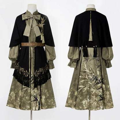 Glitter Bamboo 鎏金竹影 - New Chinese Style Printed Long-Sleeve Dress and Shawl Set (Preorder)